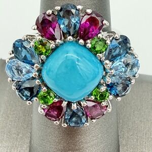 Vtg STS Chuck Clemency Turquoise Multi Gemstone Ring Sterling Silver 11.9 Gr S7